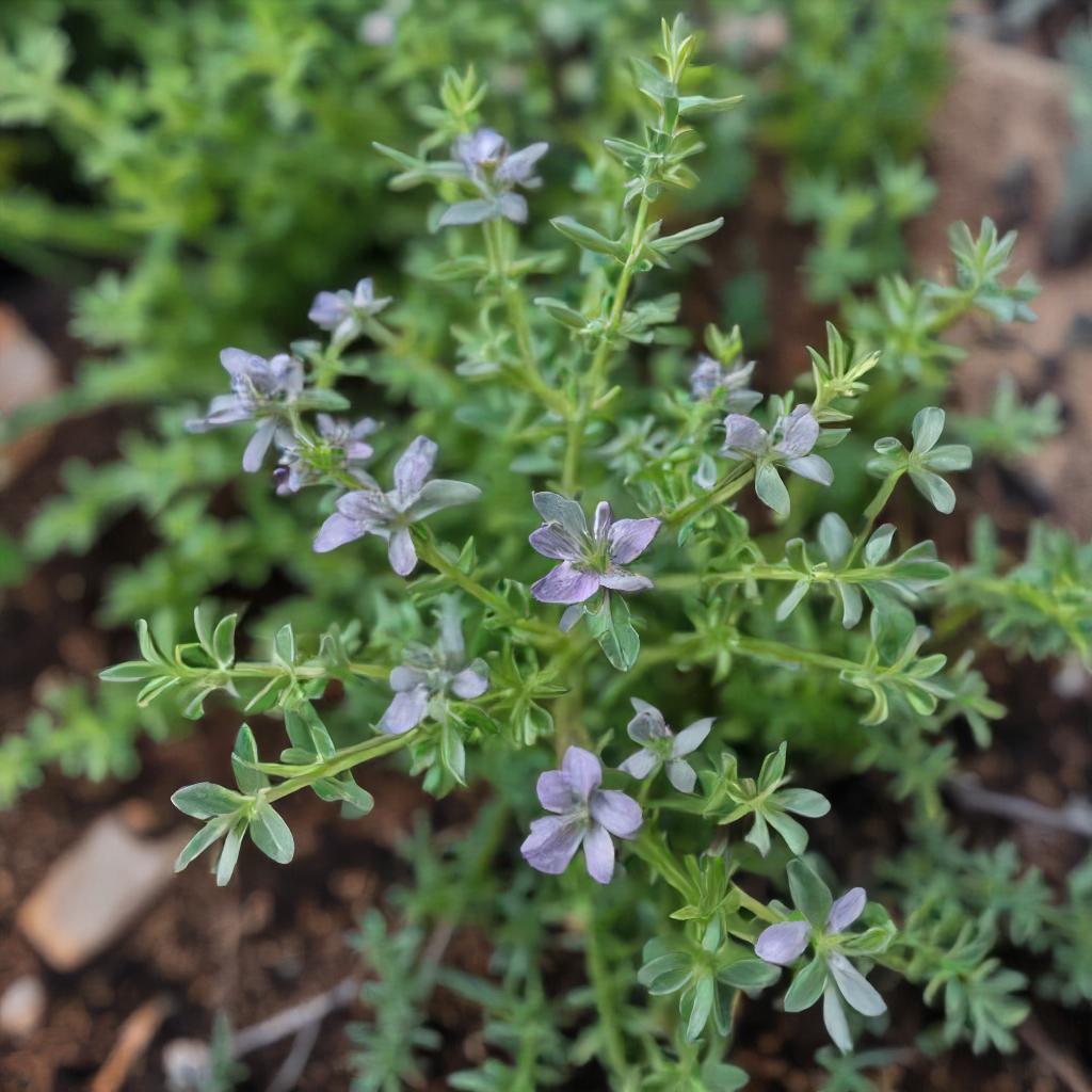Common Thyme Culinary Herb Growing In Vegetable Garden With Flowers