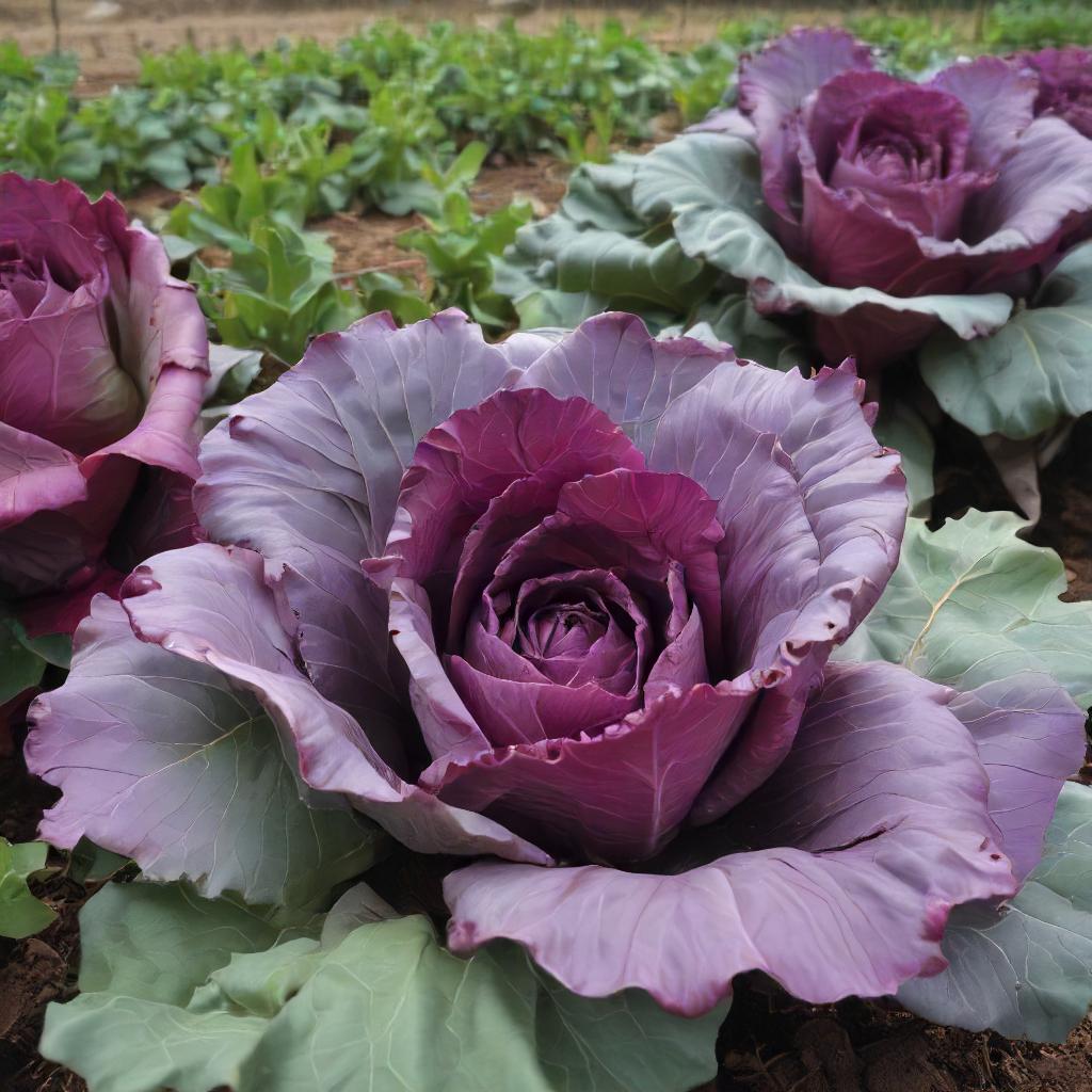 Mammoth Red Rock Cabbage Growing In Garden 